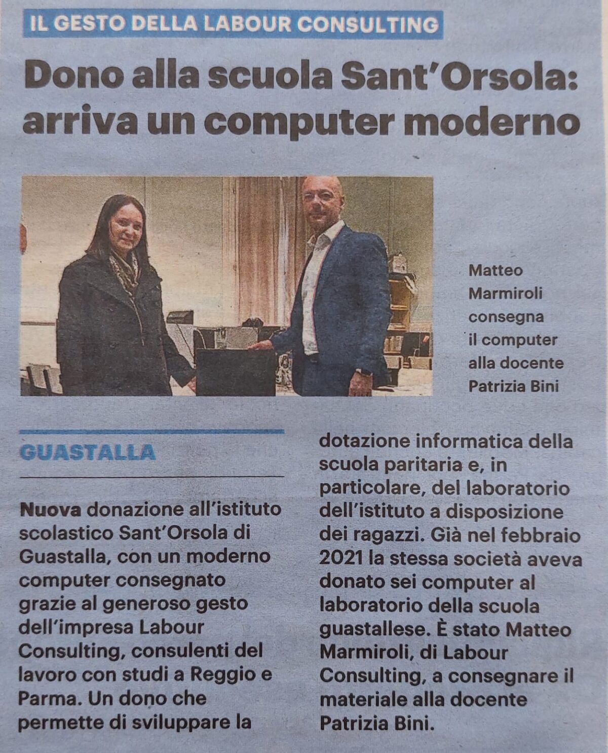 Labour Consulting supporta la Scuola – articolo del Resto del Carlino del 17.05.2024.